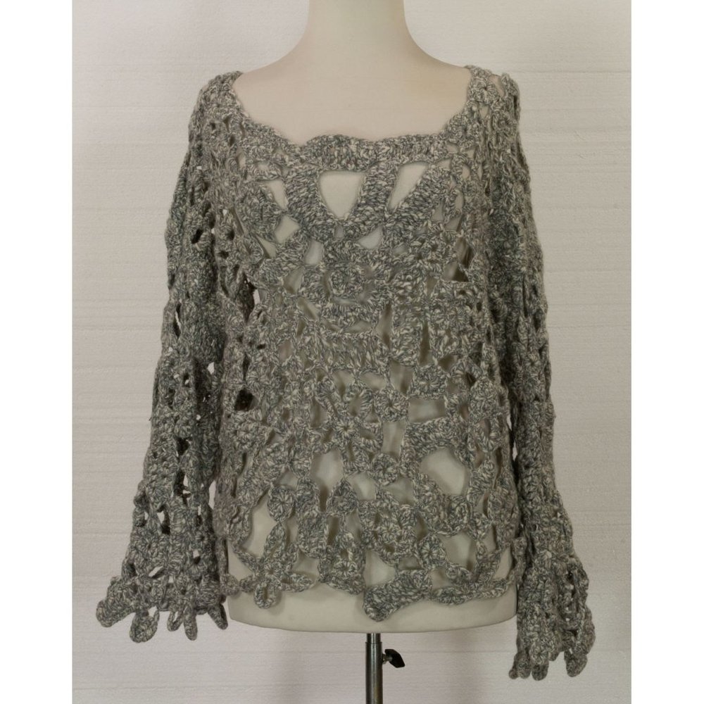 HANIA BY ANYA COLE 100% CASHMERE CROCHET HAND KNITTED SWEATER LIGHT GRAY